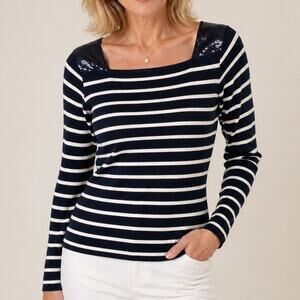 Breton Stripe Ribbed Knit Top Sequin Square Neck Small Nautical - Paul & Shark